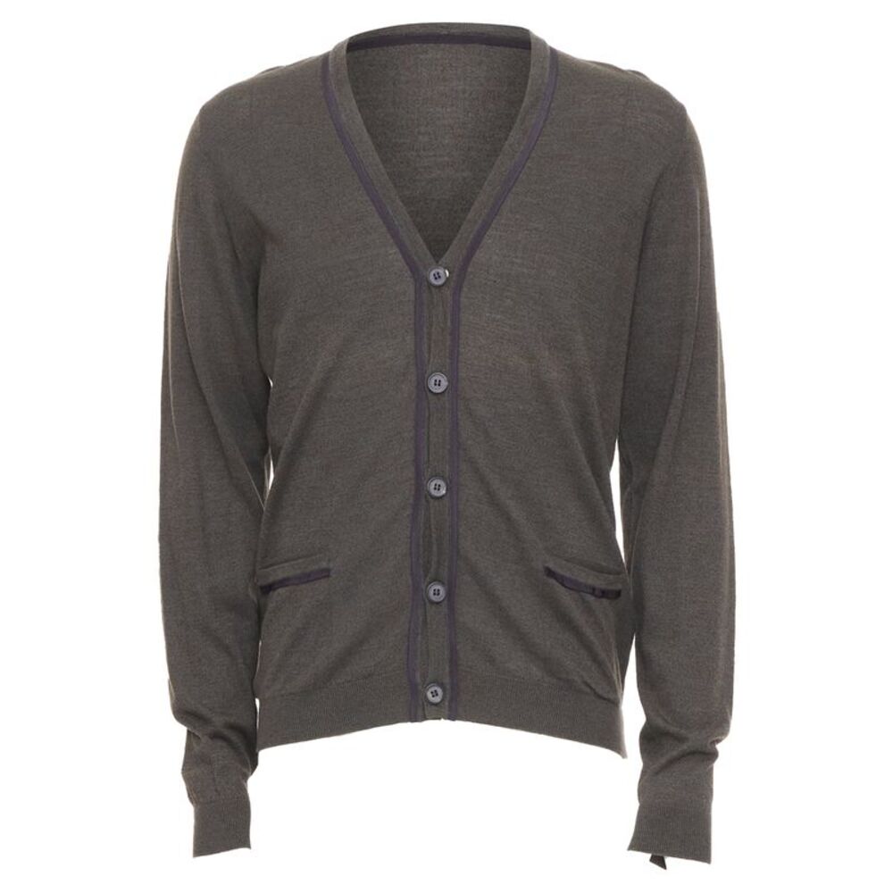 LANVIN 2015 grosgrain trim v-neck cotton merino wool button knit cardigan S